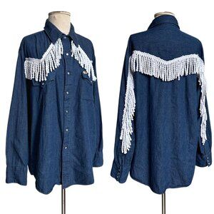 70s vintage fringe denim shirt pointed collar Bar B Western Wear snap button.